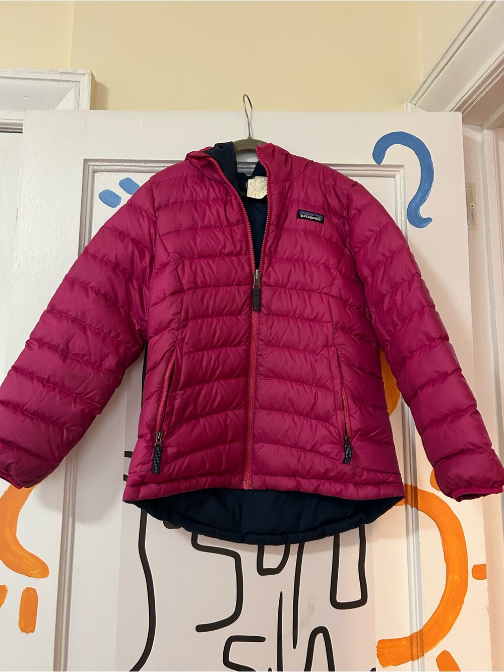 Patagonia Kids' Hooded Puffer Jacket in Bright Magenta & navy (reversible)
